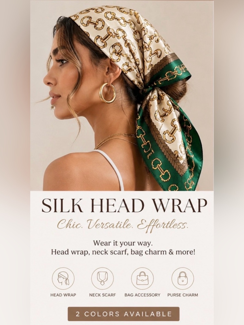 Silk Chain-Print Head Wrap in Cream & Green